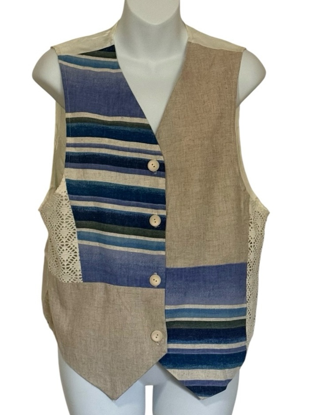 Vintage YOU Babes Women’s Patchwork Linen Blend Vest in Beige and Blue Size Larg